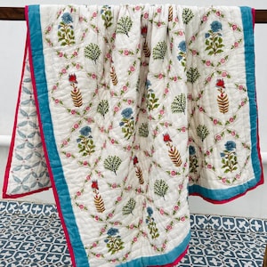 Indian Block Printed Throw Blanket, Handmade Floral Comforter, Reversible Soft Cotton Bedspread, Jaipuri Razai For Twin Size Bed Coverlet