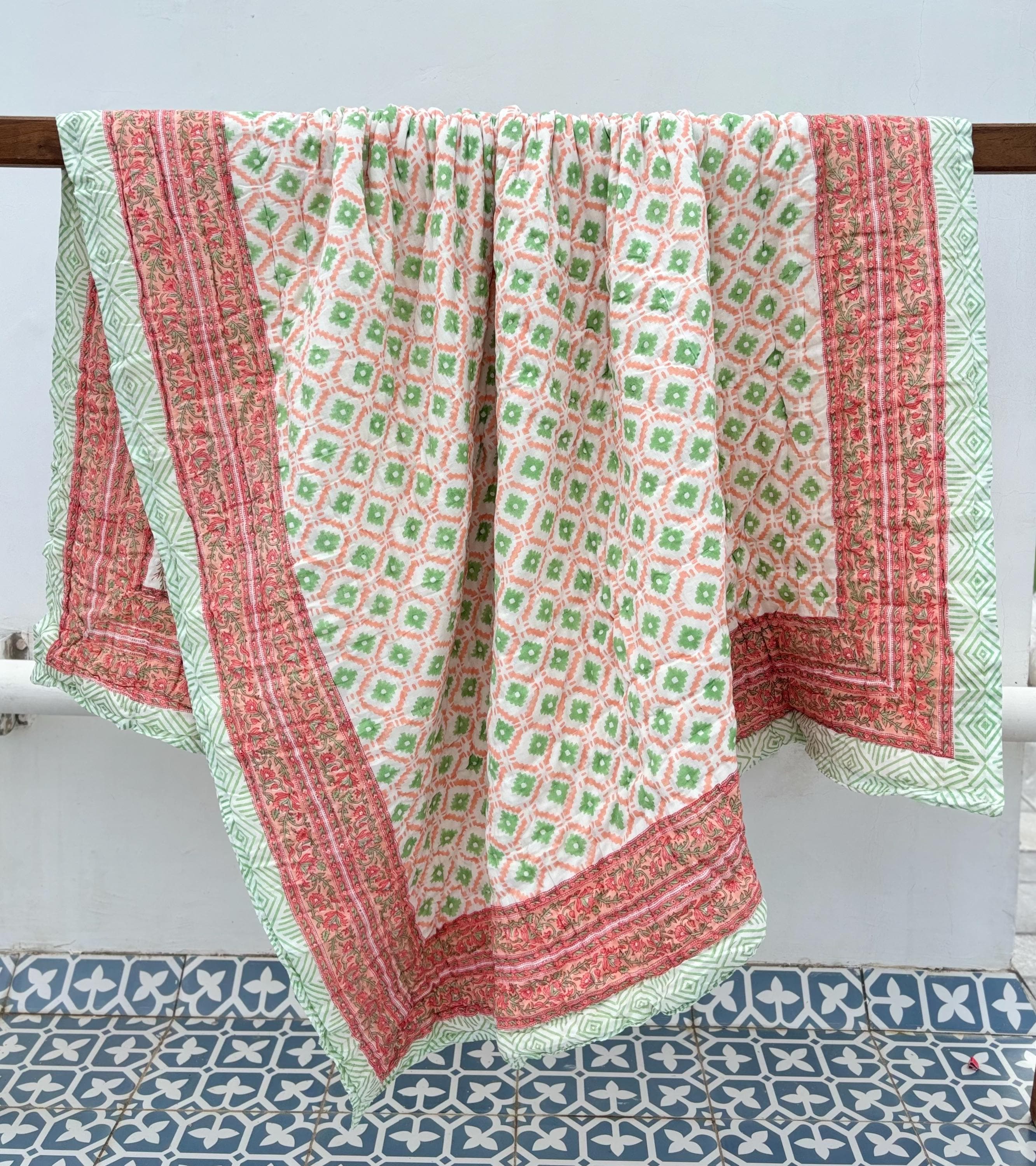Hand Block Printed Cotton Cloth Quilted Throw Blanket Cover for Couch and Bed Lap Bedding Coverlet Handmade Floral Quilt All Season Quilt