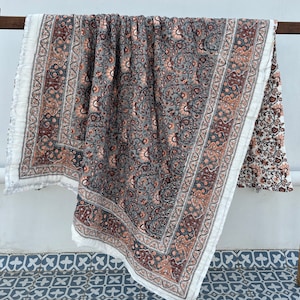 Reversible Quilt Hand Block Printed 100% Pure Cotton Cloth Quilted Throw Blanket Cover for Couch and Bed Lap Bedding Coverlet ,Boho Quilts