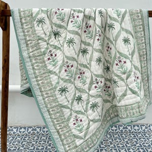 Indian Hand Block Print Cotton Quilt,Reversible Jaipuri Razai,Handmade Floral Bedding Set,Bohemian Quilted Bedspreads,Boho Bedroom Comforter