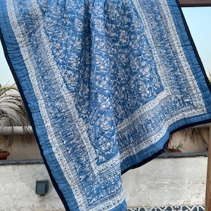 Blue Hand Block Printed Quilt, Bohemian Floral Bedding Quilt, Queen Size Bed Comforter, Lightweight Cotton Bedspread, Gifts For Home Decor