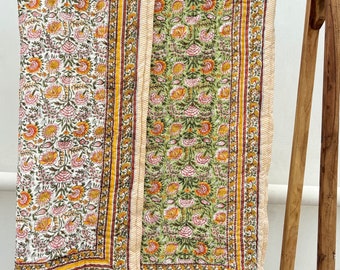 Anokhi Indian Hand Block Printed Quilt Reversible Quilt Handmade Cotton Floral Quilt, Jaipuri Razai,Bedspread Comforter, Kantha Quilt