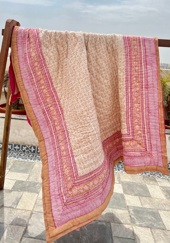 Hand Block Print Cotton Quilt: Reversible Floral Kantha Blanket
