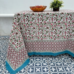 Indian Hand Block Printed Tablecloth,Cotton Floral Tablecloth,Handmade tablecloth,Classic French Dining Tablecloth Kitchen Housewarming Gift