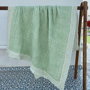 Green Floral Block Print Quilt, Handmade king Size Throw Blanket, Indian Cozy Bedroom Quilts