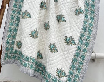 Hand Block Print Handmade Cotton Quilt: Floral Indian Bedspread, King Size Blanket