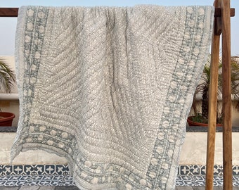 Jaipuri Hand Block Printed Cotton Quilt Reversible Floral Bedspread Indian Quilts Handmade Blue Blanket