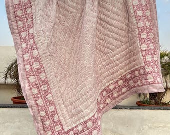 Indian Traditional Popular Block Print Floral Design Purple Reversible Twin Size 100%Cotton With Insert Filling Quilt Razai, Cozy Comforter