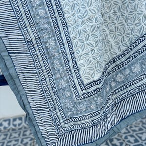 May include: A blue and white cotton quilt with a floral pattern and a geometric border. The quilt is folded in half and the corner is visible.