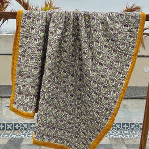 Indian Hand Block Print Quilt, Reversible Throw Cotton Quilt, Handmade Floral Blanket, Jaipuri Razai Bedspread Bedding Comforter, Home Decor