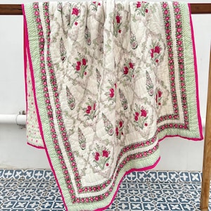 Indian Hand Block Printed Quilt, Handmade Floral Quilted Bedspread, Lightweight Cotton Bedding Quilt, Twin Size Bed Cover, Jaipuri Comforter