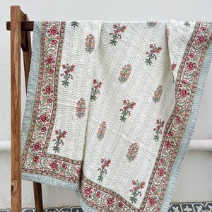 Indian Hand Block Quilt, ręcznie robiony Queen Size Quilt narzuta bawełniana, ręcznie robiony kwiatowy quilt narzuta na pościel koc, Kantha Quilt