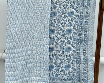Hand Block Printed Cotton Quilt, Reversible Floral Bedspread Handmade King Size Comforter Bedding Throw