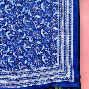 Hand Block Printed Blue Quilt, Reversible Cotton Handmade Quilt, King Size Floral Bedspread, Lightweight Throw Bedding Comforter, Home Decor
