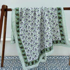 Indian Handmade Cotton Quilt, Block Printed Jaipuri Razai, Queen/King Bedding Comforter Set, Reversible Floral Bedspread, Home Decor, Gift