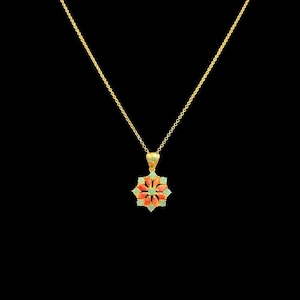 Turquoise & Coral Flower Pendant Necklace – Gold Chain – Boho Chic Jewelry – Handmade Statement Necklace – Gift for Her.
