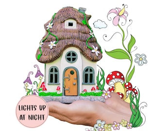Fairy Garden House Handpainted, Solar Led Lights, Automatic Night Sensor, Waterproof Casing, Garden Decoration Miniatures, Outdoor Figurines