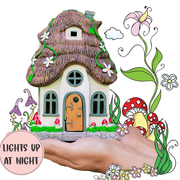 Fairy Garden House Handpainted, Solar Led Lights, Automatic Night Sensor, Waterproof Casing, Garden Decoration Miniatures, Outdoor Figurines