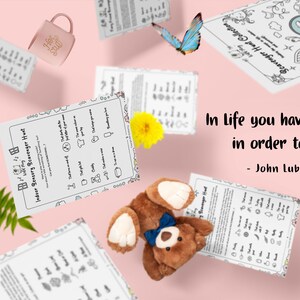 May include: A printable indoor scavenger hunt game with a quote by John Lubbock: "In life you have to look in order to find". The game features a list of items to find around the house, such as a window, a book, a lamp, and a teddy bear.