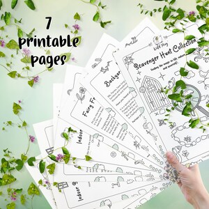 May include: Seven printable scavenger hunt pages with black and white illustrations. The pages are titled "Indoor", "Indoor", "Fairy Forest", "Backyard", and "Scavenger Hunt Collection".