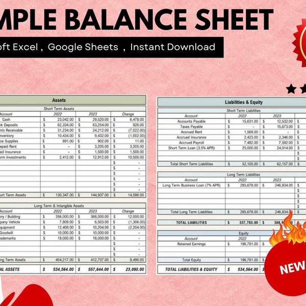 Simple Balance Sheet Spreadsheet Template | Basic Balance Sheet | Easy Balance Sheet | Assets and Liabilities | Small Business Balance Sheet