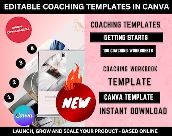 Bewerkbare coachingsjabloon, coachingwerkmapsjabloon, Canva-sjabloon, online cursusmaker, levenscoach, 100 coachingwerkbladen