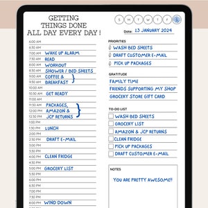 May include: A daily planner with a blue and white design. The planner includes a to-do list, a grocery list, and a section for gratitude. The date is 13 January 2024. The text "You are pretty awesome!" is written in blue.