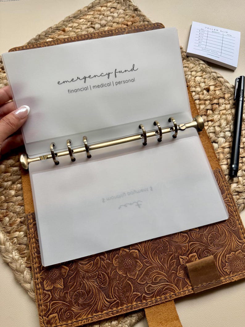May include: A clear plastic sheet with the text "emergency fund" and "financial | medical | personal" printed on it. The sheet is inserted into a brown leather binder with a floral embossed design.