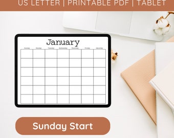 12 Month Minimalist Calendar | Sunday Start Blank Calendar | Instant PDF Download | US Letter Printable | Goodnotes