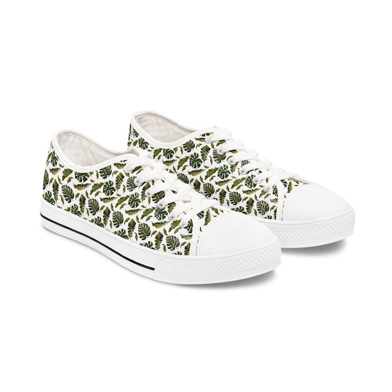 Monstera Leaf Print Women's Low Top Sneakers, Casual Floral Shoes