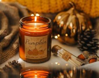 Pumpkin Spice Soy Wax Candle, Fall Candles in Amber Jar, Scanted Soy Candle, Crackling Wooden Wick, Hello Pumpkin Season, Autumn Candle