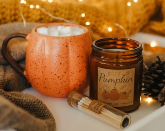 Hello Pumpkin Box, Pumpkin Shaped Mug, Scented Soy Wax Candle, Matches, Fall Pottery Cup, Autumn Cozy Box, Fall Gift, Thanksgiving Gift Box