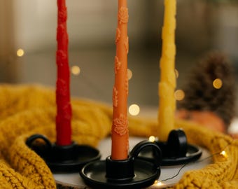 Fall Leaves Beeswax Taper Candles Set of 3, Red Orange Yellow Taper Candle, Autumn Table Decor