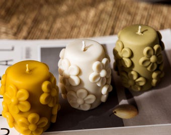 Flower Pillar Candle, Floral Beeswax Candles, Handmade Aesthetic Home Decor, Decorative Candle Set of 3, Ivory, Yellow, Sage Colors