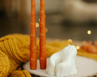 Jack O Lantern Pumpkin Taper Candle Set, Beeswax Taper Candles, Halloween Table Decor, Fall Centerpiece, Spooky Party Accent