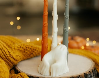 Halloween Taper Candle Set of 3, Ghost Holder, Beeswax Taper Candles, Spooky Fall Decor, Ghost Bat Jack o lantern Taper Set