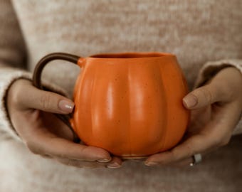 Pumpkin Shaped Mug, Orange Pumpkin Cup, Hello Pumpkin, Fall Mug, Handmade Clay Mug, Autumn Cute Decor,