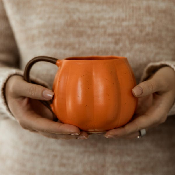 Pumpkin Shaped Mug, Orange Pumpkin Cup, Hello Pumpkin, Fall Mug, Handmade Clay Mug, Autumn Cute Decor,