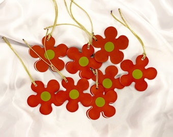 Retro Gift Tags - Handmade Red Green Holiday Paper Flower with Gold Strings - Set of 8
