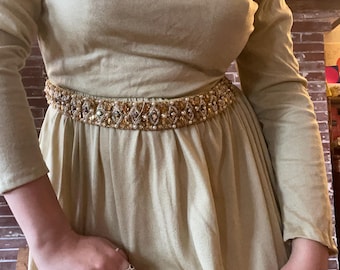 glamorous 1960s light green long sleeve hostess maxi dress with matching beaded sequin belt