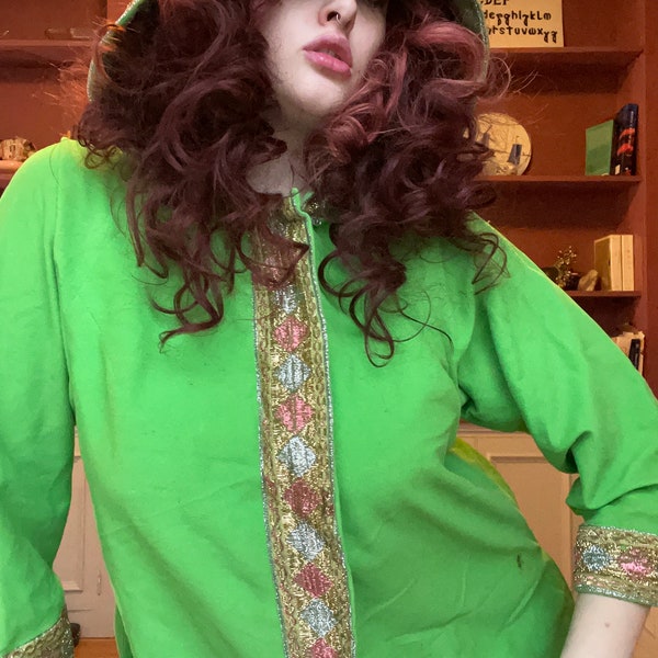 fabulous vintage 1960s witchy bright green velour hooded maxi dress or robe