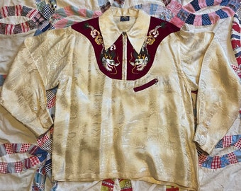 gorgeous vintage late 40s early 50s white silk japanese souvenir shirt with dragon embroidery and velvet detailing