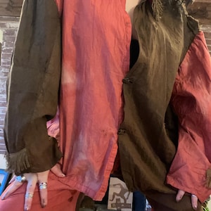 antique 1910s / 1920s red and brown two piece clown suit halloween costume with fringe collar and cuffs