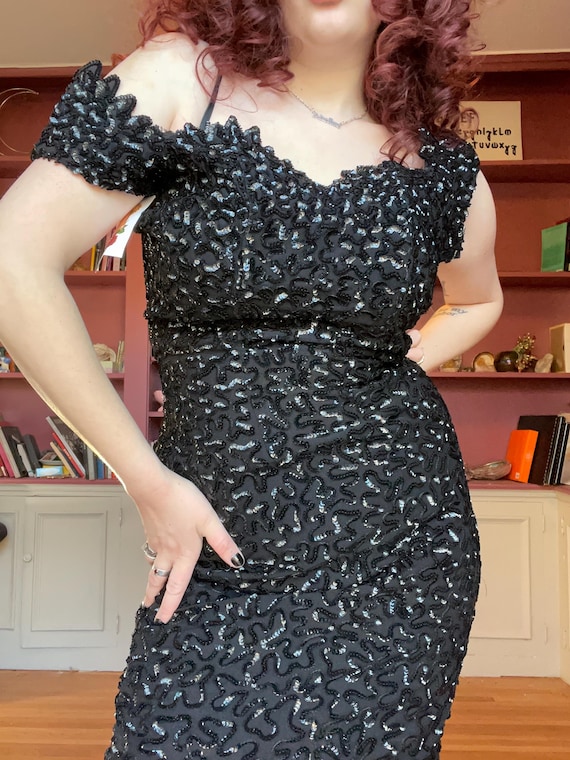 Phenomenal Vintage 1950s Black Sequin Knee Length Wiggle Dress