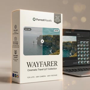 May include: A white rectangular product box for the ForrestVisuals Wayfarer Cinematic Travel LUT Collection. The box features a before and after image of coastal cliffs, text detailing 129 looks, and compatibility icons. A laptop displays the software interface.
