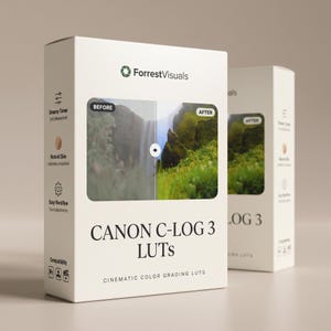以下が含まれることがあります： ForrestVisuals Canon C-LOG 3 LUTsとラベル付けされた2つの白い長方形の製品ボックス。前面には風景写真のビフォーアフター比較が掲載されています。側面パネルには、Dreamy Tones、Natural Skin、Easy Workflowなどの機能が記載されています。