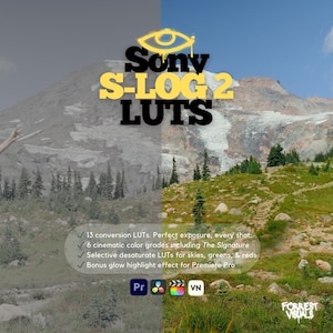 Può includere: Immagine promozionale per Sony S-LOG 2 LUTS, con un paesaggio montano diviso in due. Il testo sovrapposto descrive i LUT, inclusi grading cromatici ed effetti. Il testo include "Sony S-LOG 2 LUTS".