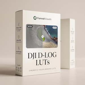 May include: A white rectangular product box for ForrestVisuals DJI D-LOG LUTs cinematic color grading software. The front features a before and after landscape image, the brand logo, and text detailing features like Dreamy Tones and Easy Workflow.
