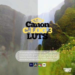 Peut inclure: Image publicitaire pour Canon C-LOG 3 LUTS, avec une cascade et des montagnes verdoyantes en arrière-plan. Le texte, en noir et jaune, met en avant 13 LUTs de conversion, des gradations de couleurs cinématographiques et des LUTs de désaturation sélective.