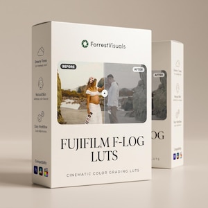 May include: A white rectangular product box labeled FUJIFILM F-LOG LUTS CINEMATIC COLOR GRADING LUTS with the ForrestVisuals logo. The front features a before and after photo comparison of a person on a beach. Side panels show icons for Dreamy Tones, Natural Skin, Easy Workflow, and software compatibility logos.